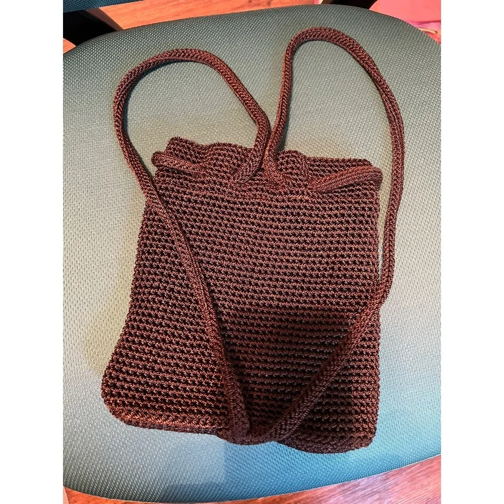 The Sak  Small Crocheted‎ Bucket Purse Drawstring Backpack Boho Bag Dark Brown